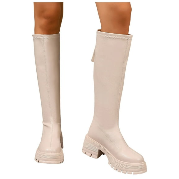Rokment Platform Knee High Boots for Women Fall Winter Fashion Leather Back Zipper Lug Sole Chunky Heeled Mid Calf Tall Dress Boots Beige Size 6