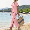 thumbnail image 3 of Pounoo Cotton Sets for Women 2 Piece Asymmetric Wrap Neck Single Button Short Sleeve Tops Contrast Edge Wide Leg Pants Casual Daily Outfits Gift, 3 of 6