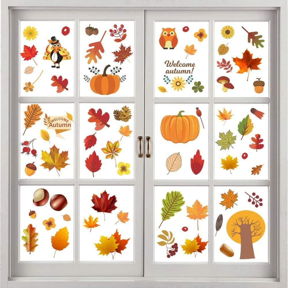 12 Sheets Thanksgiving Fall Autumn Leaves Acorns Window Sticker Maple Decorations Autumn Decals Party Decor Ornaments 