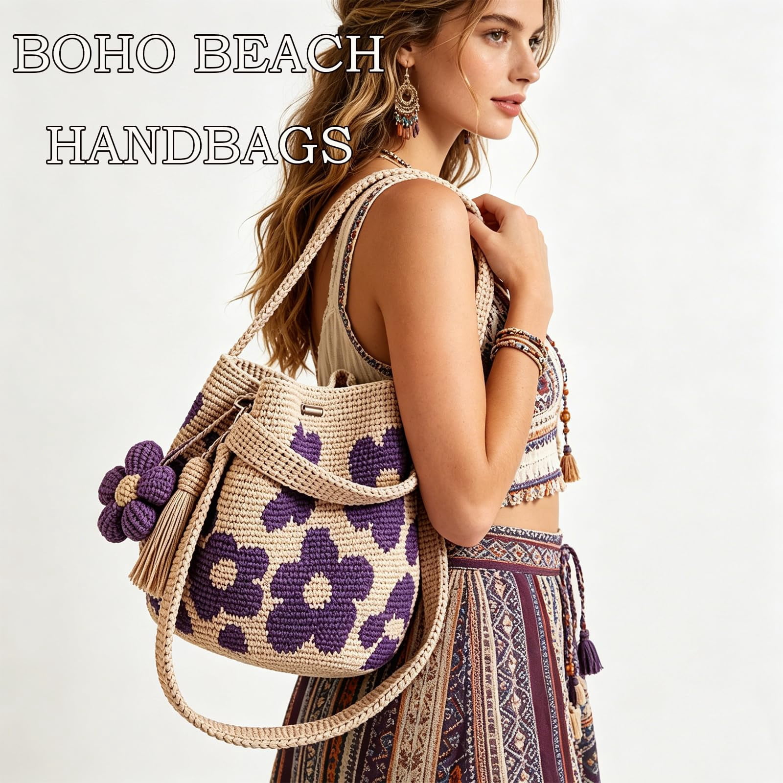 Handmade Crochet Flower Tote Knit Boho Beach Handbags Crossbody Shoulder Bag for Women Large Capacity Design