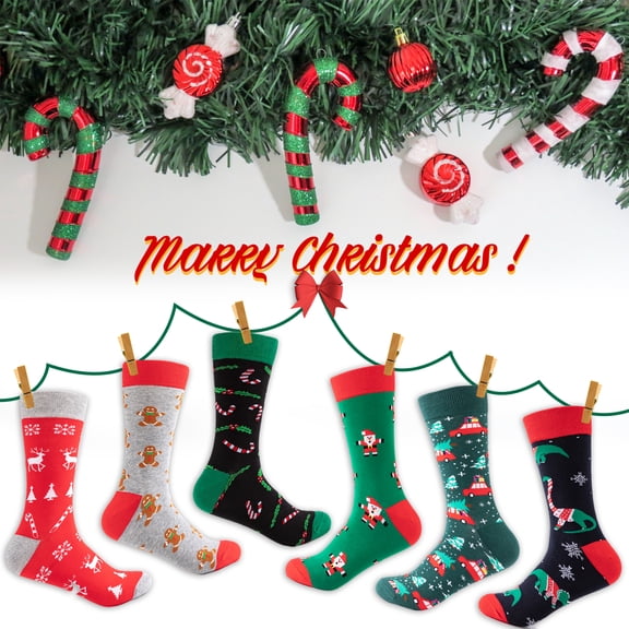 JELLOO Christmas Socks for Men Funky Cute Colorful Santa Cartoon Crew Socks Funny Novelty Patterned Christmas Holiday Socks Pack