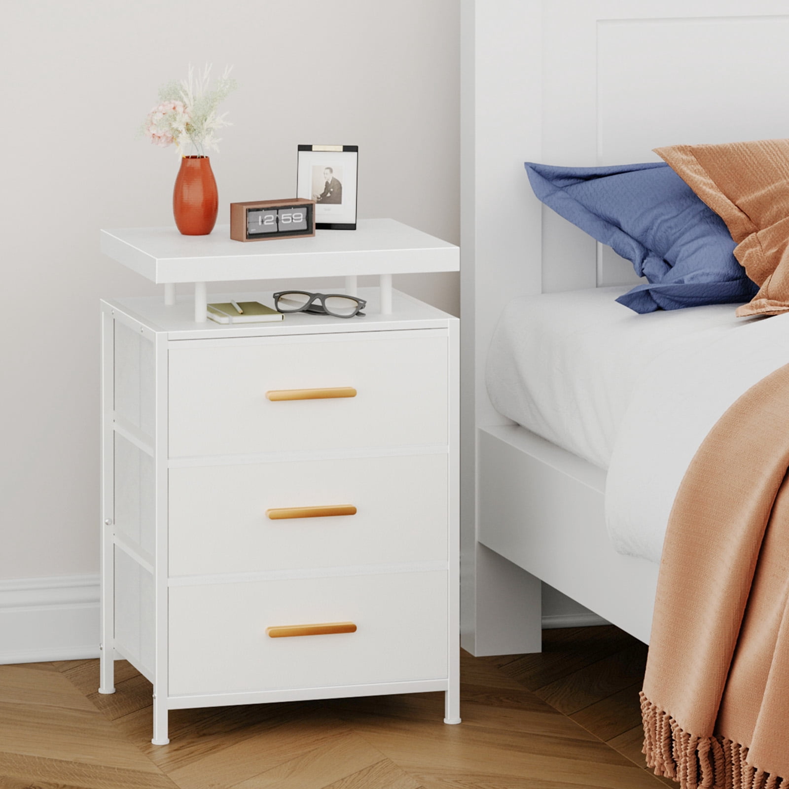 Smart LED Nightstand with 3 Drawers Modern Design Table for Bedroom, Closet, Dorm, White