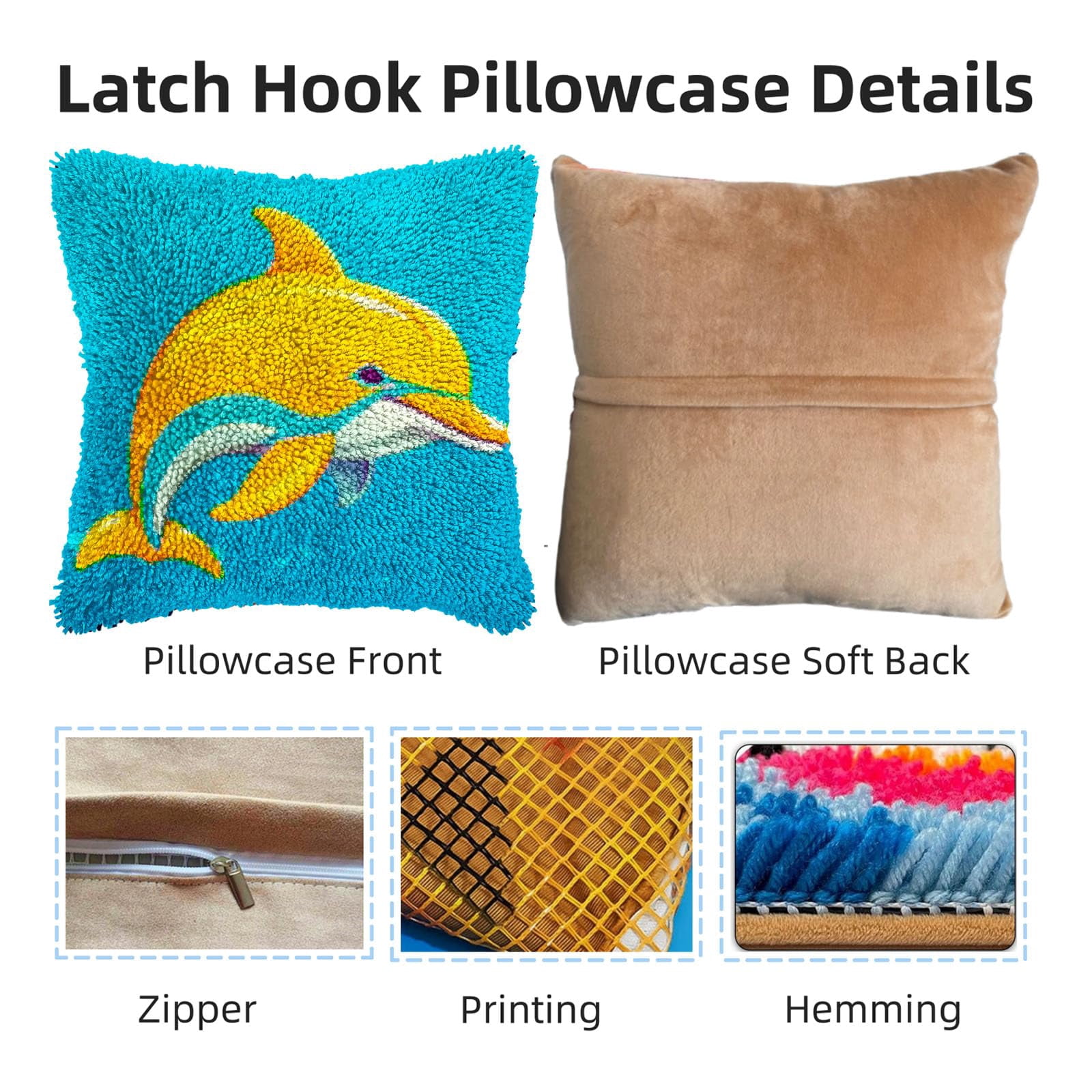 Cartoon Cute Dolphin DIY Latch Hook Pillow Kits for Adults Printed Pillowcase Crochet Yarns Hooking Handmade Pillow Cover Cushion for Home Sofa Decoration 17x17inch(2)