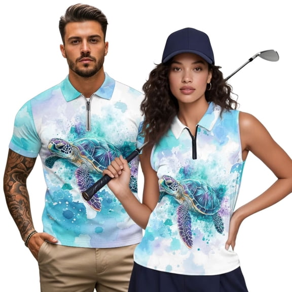 Aplkyhs Sea Turtle Matching Golf Shirts for Couple Quarter Zip Couple Golf Matching Outfits Breathable Fabric Mens Hawaiian Shirt Keep Cool in Hot Weather Machine Washable