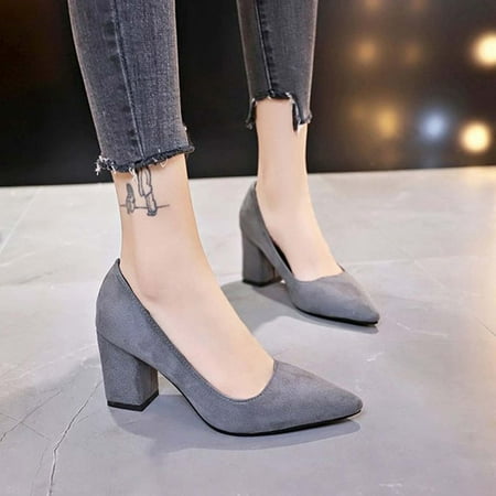 

Tawop Slip On Walking Shoes for Women Dress High Heel Flat Round Toe Solid Color Pointed Toe Casual Chunky Heel Shoes Flock Gray 39(Us:7)