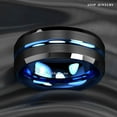 thumbnail image 3 of Tungsten Rings for Men Wedding Bands for Him 8mm Blue Line Black Brushed, 3 of 5