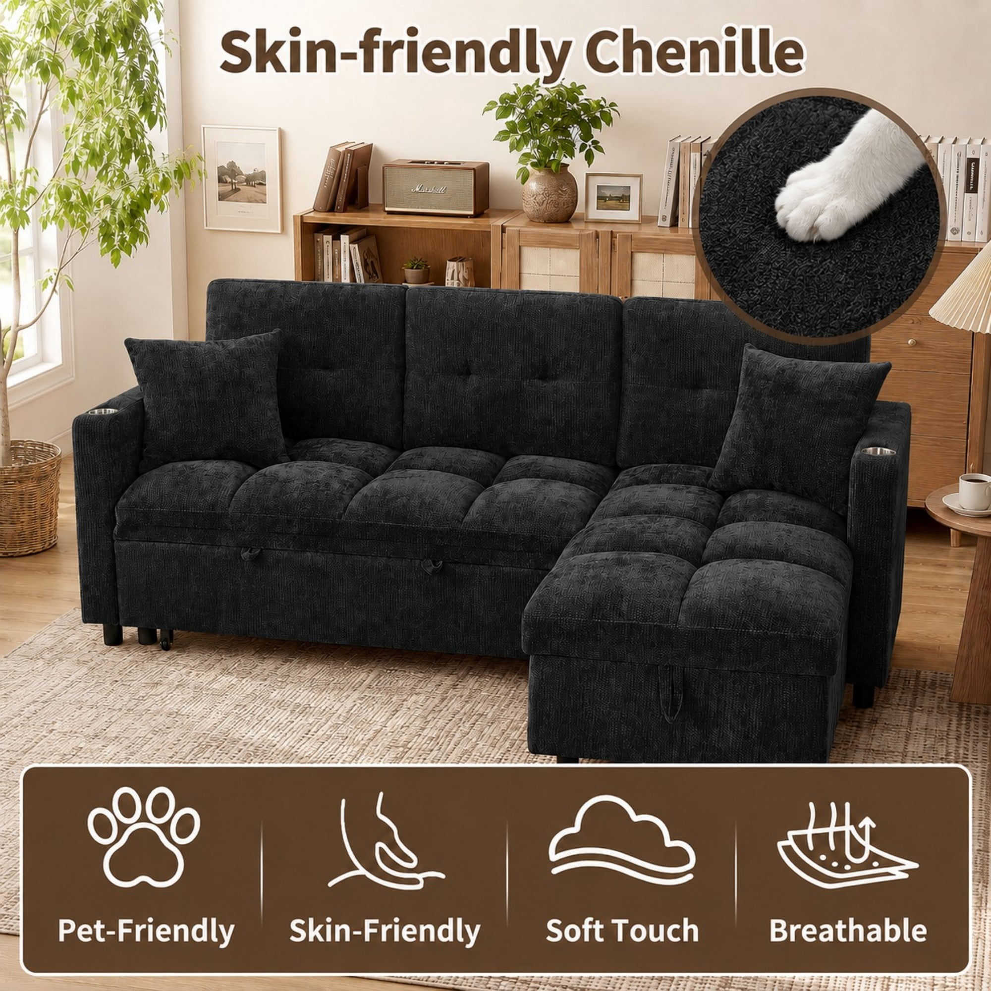 DEALTOPS 82" Chenille L-Shaped Pull-Out Sleeper Sofa Bed, Reversible Storage Chaise & Tray Table, Black