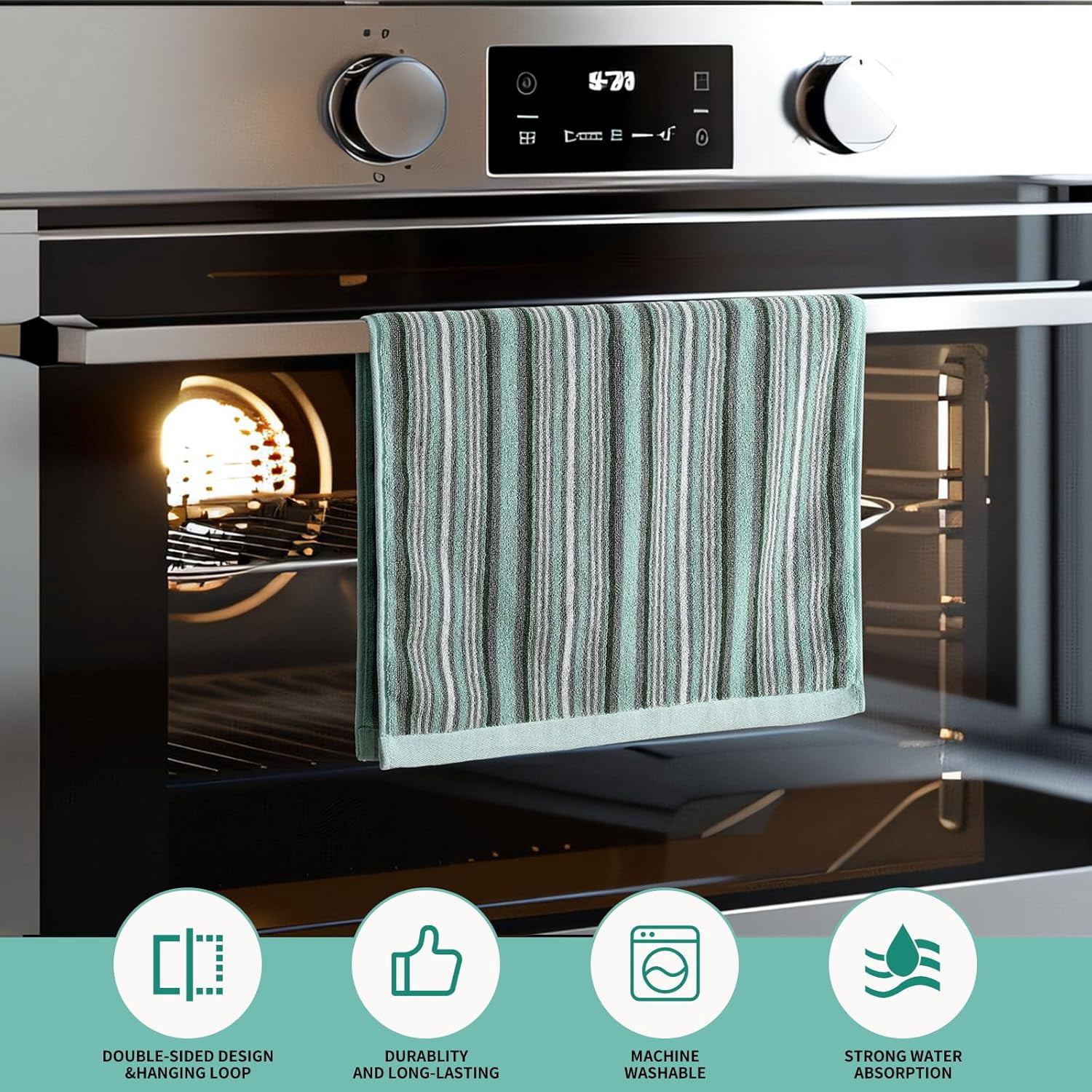 KitchenKey Premium Cotton Kitchen Dish Towels for Drying Dishes,Large Long Kitchen Hand Towels, Thick Highly Absorbent Dish Clothes Tea Towel Sets with Hanging Loop, 16" X 26", 4 Pcs, Green