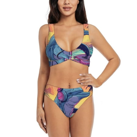 Zeuib Hip-Hop DJ Dolphin High Waisted Tummy Control Bikini Set - Knot Front Push Up Top & Cheeky Thong Bottom  Two-Piece Swimsuit for Women-XX-Large