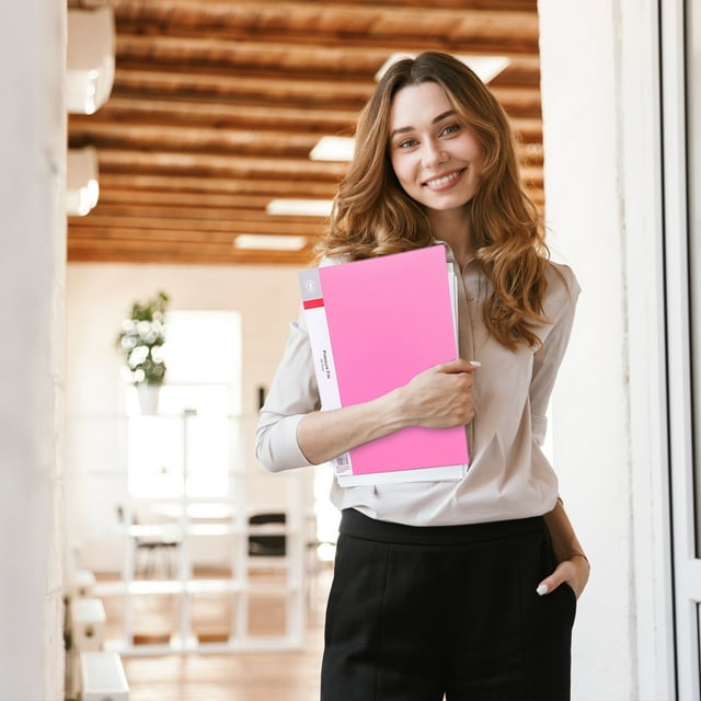 Meiiso Double Folder Pink B Office Cabinet, Double Strong Clips File Folder Report Cover Punchless Project Folder Commercial Or School Documents File Folder for Letter Size Or Size 100 Sheet Capacity