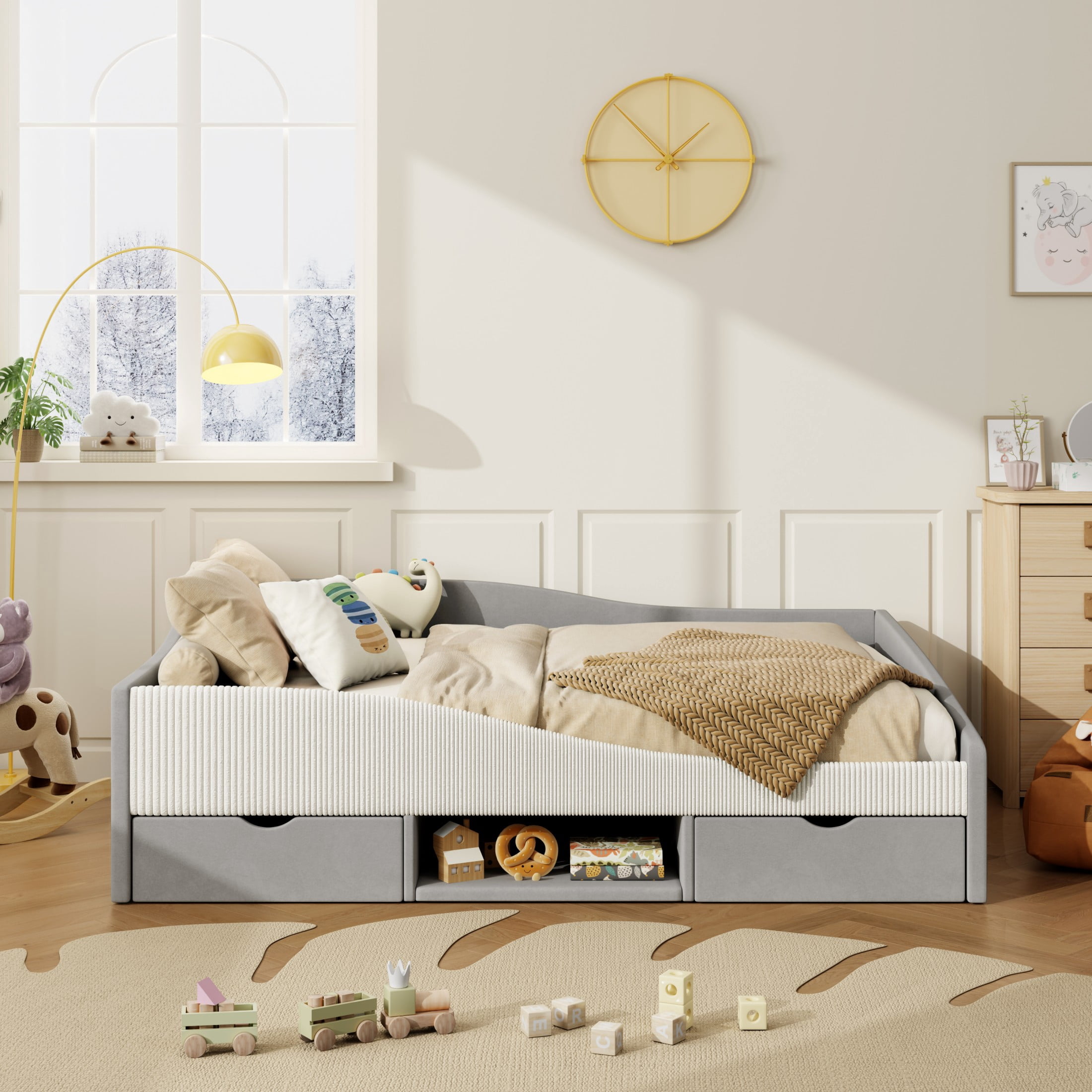Aukfa Full Size Upholstered Daybed with 2 Storage Drawers, Shelf and Curved Guardrails, Velvet Bed Frame, Gray