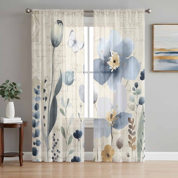 Spring Blue Floral Sheer Curtains 84 Inch Length 2 Panels Set, Vintage Garden Wildflowers Botanical Voile Window Treatment Rod Pocket Curtains Sheers Drapes for Bedroom/Living Room/Kitchen 52"x84"x2