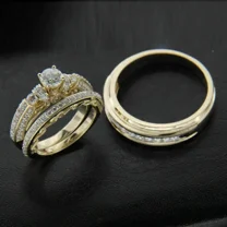 Aishvi Jewels 14k Yellow Gold Plated Round Cut Lab Created Wedding His & Her Trio Set Bridal Engagement Ring