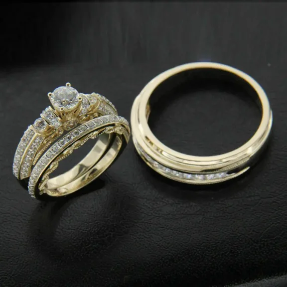 Aishvi Jewels 14k Yellow Gold Plated Round Cut Lab Created Wedding His & Her Trio Set Bridal Engagement Ring