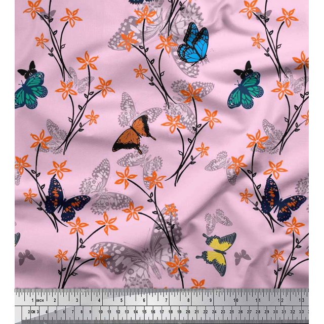 Soimoi Pink Poly Georgette Fabric Flower & Butterfly Decor Fabric Printed BTY 42 Inch Wide