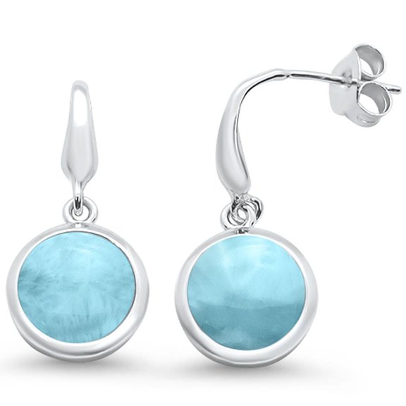 Natural Round Larimar Simple Dangle Earrings Sterling Silver