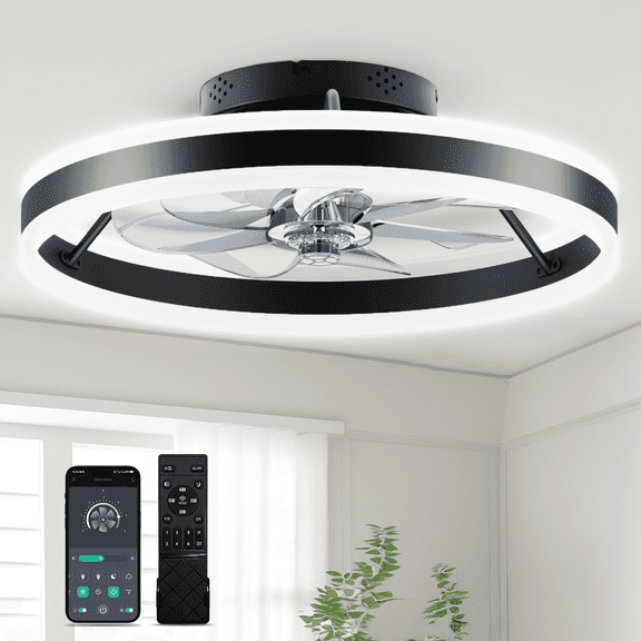 SUNLINKCO Ceiling Fans Lights 20" Black Low Profile Ceiling Fan, APP and Remote 2700-6500K Color Temperature, 6 Wind Speeds, Quiet DC Motor, Dimmable Modern Flush Mount LED Fan Light for Bedroom