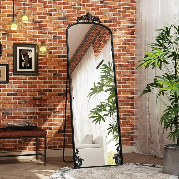 Arched Mirror Full Length with Stand, 65" x 21" Black Floor Length Mirror with Carved Metal Frame, Full Body Wall Mirrors for Home Decor Wedding Entryway Living Room