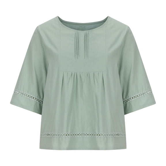 TIHLMK Womens Blouses Women's Casual Round Neck Half Sleeve Solid Loose Shirt Hallow Out Cotton And Linen Blouse Tops Green