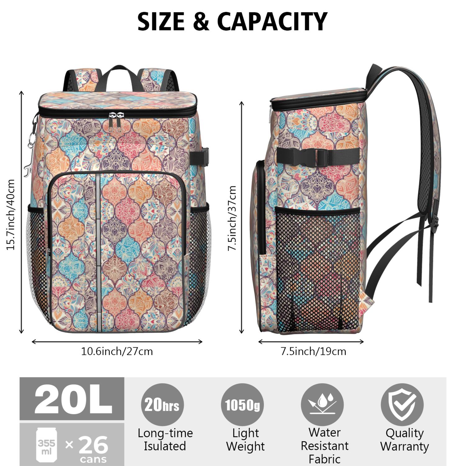 Travel Cooler Bag - Boho Bohemia Flower Camping Beer Cooler Backpack with Bottle Opener- Waterproof Insulated Picnic Backpacks - Cooler Bag for Beach