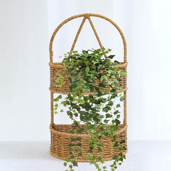 PTOOTP Khaki 2-Tier Hanging Flower Basket with Faux Rattan Design for Kitchen Storage and Home Organization Solutions
