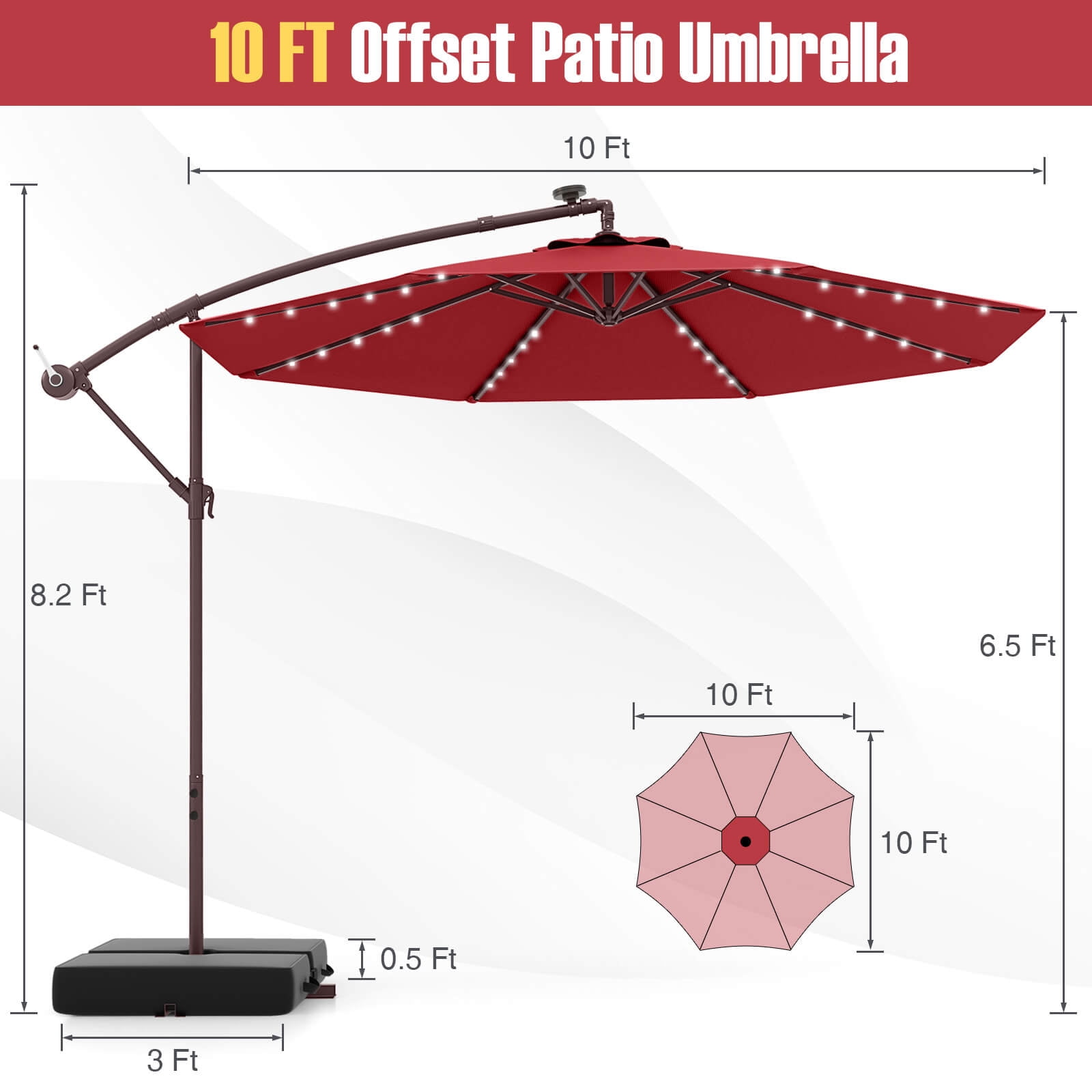 Costway Patio 10FT Hanging Offset Umbrella 32 LED Lights Sand Bag Outdoor Cross Base Wine