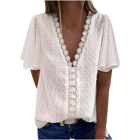 Hfyihgf Women's V Neck Lace Crochet Tops Casual Loose Summer Short Sleeve Swiss Dot Tops Tunic Shirts Blouses(White,L)