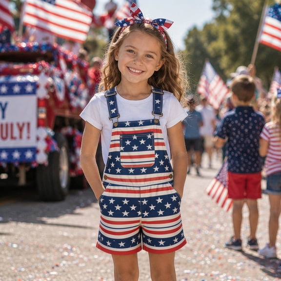 EliteGoogv Kids 4th of July Denim Suspender Shorts Patriotic USA Star Print Casual Bottoms Kids Summer Pants 250th Independence Day 4-5 Years