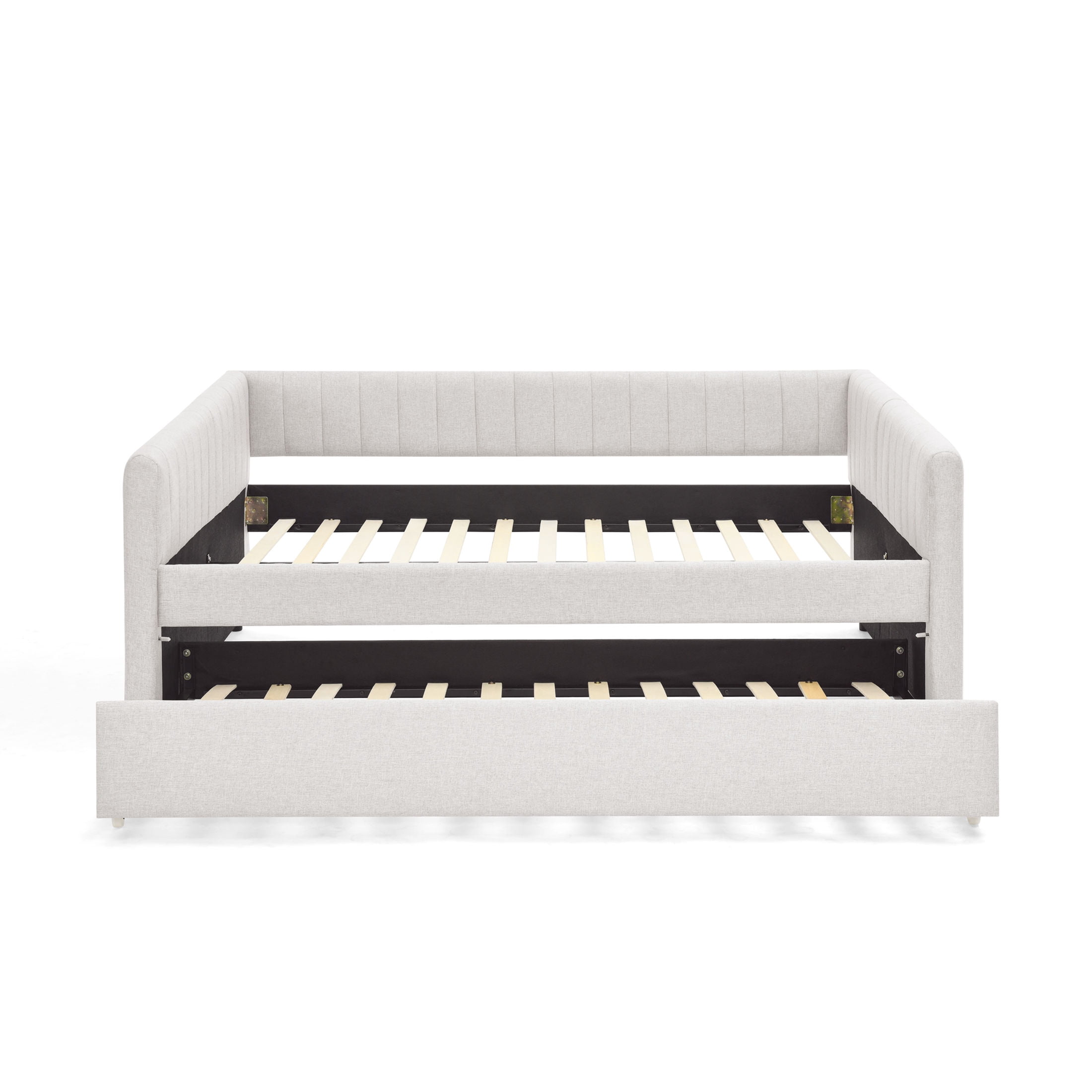 Noble House Solley Queen Size Daybed with Vertical Stripes & Pull-Out Trundle, Linen Upholstered Sofa Bed, Beige