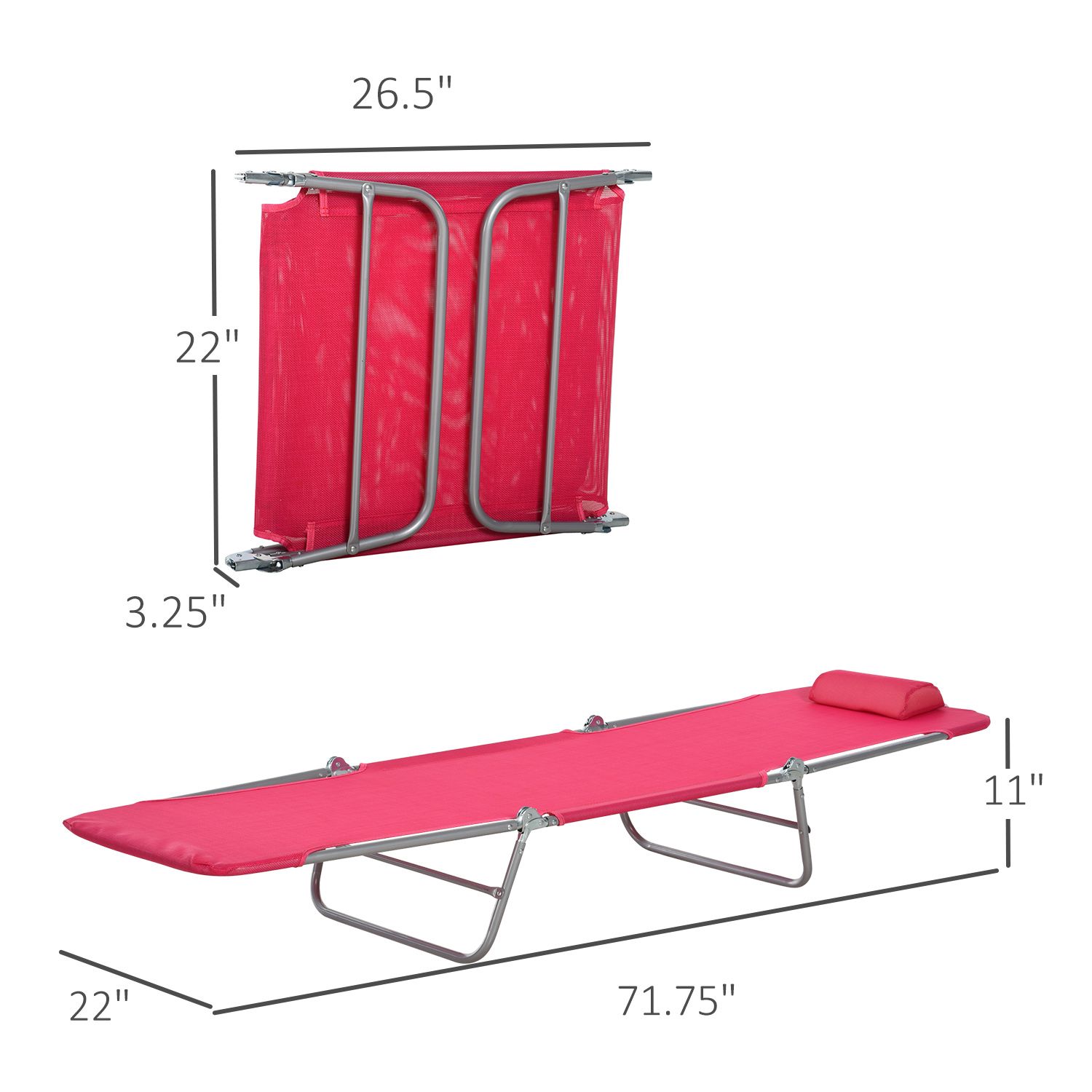 4-Position Adjustable Foldable Mesh Chaise Lounge with Pillow, Powder Coated Steel Outdoor Reclining Lounge Chair Supports 264 LBS for Poolside Beach Patio