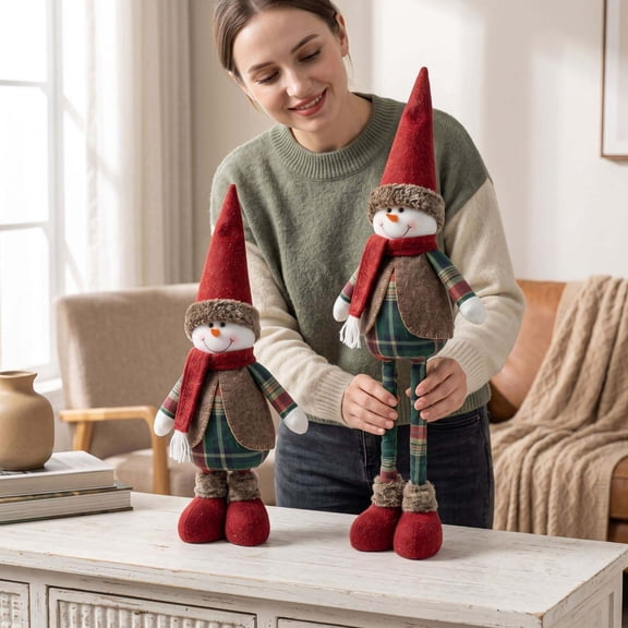 WKSCLPAI Retractable Leg Plush Christmas Tabletop Figurine, Vintage Plaid Fabric Standing Snowman Ornament for Fireplace Home Xmas Decor, Style B