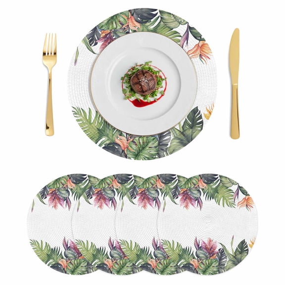 Palm Leaves Round 13 Inch Placemats Set of 4, Summer Botanical Tropical Plants HeatResistant Non Slip Place Mats for Dining Table, Wipeable Braided Kitchen Table Mats for Housewarming