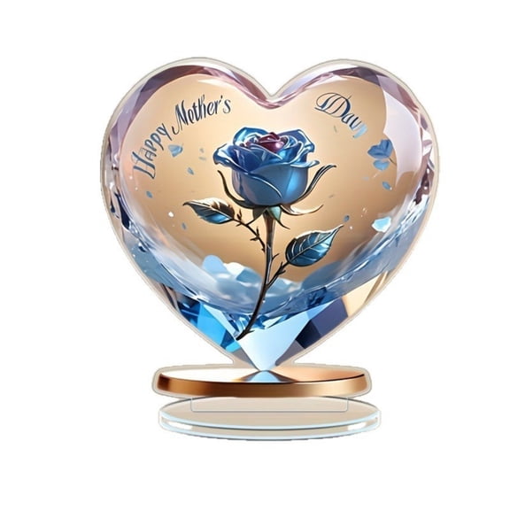 Mother's Day Gift - Heart Shaped Acrylic Desktop Ornament with Floral Print, Elegant 2D Printed Decoration for Desk, Tabletop, or Shelf Display, Mom Gift for Home or Office