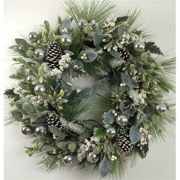 AI-FL7066-Q01 30 in. Frosted Green with Pinecones, White Berries & Silver Ornaments Wreath