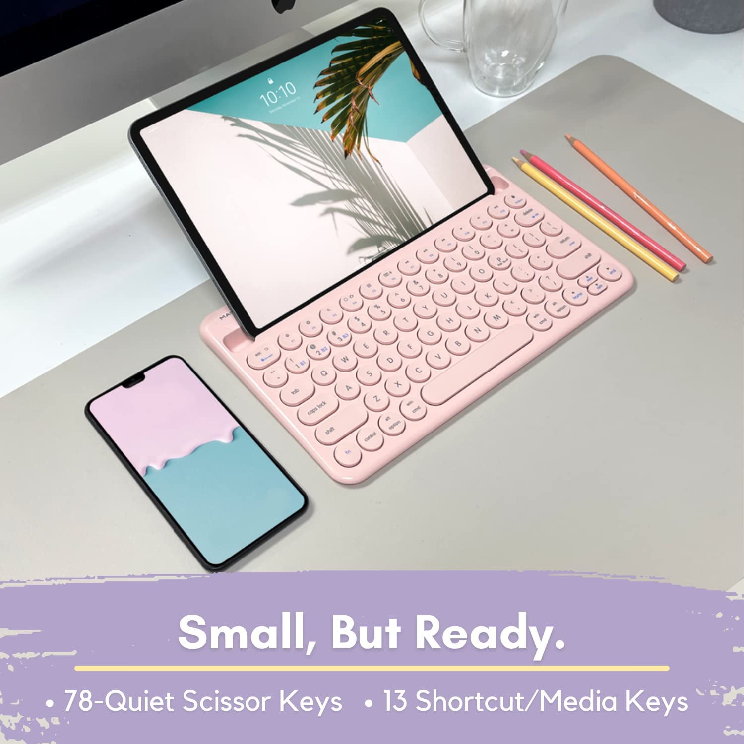 Macally Mini Wireless Bluetooth Keyboard with Stand, Rechargeable, Pink