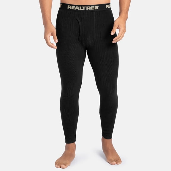 Realtree Men's Waffle Grid Fleece Base Layer Thermal Bottom, Black, M