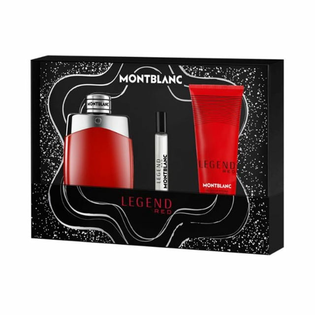 set de 3 piezas montblanc legend red 3.3 edp woody spicy set de regalo para hombre con frasco de perfume rojo y plateado, vial de muestra transparente y tubo de bálsamo corporal rojo en caja negra con logo Montblanc; fragancia amaderada picante con notas de naranja sanguina, pomelo y cardamomo; también adecuado como set de viaje compacto.