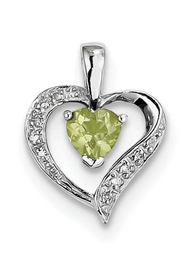 Sterling Silver Rhodium Heart Peridot & Diamond Heart Pendant Charm