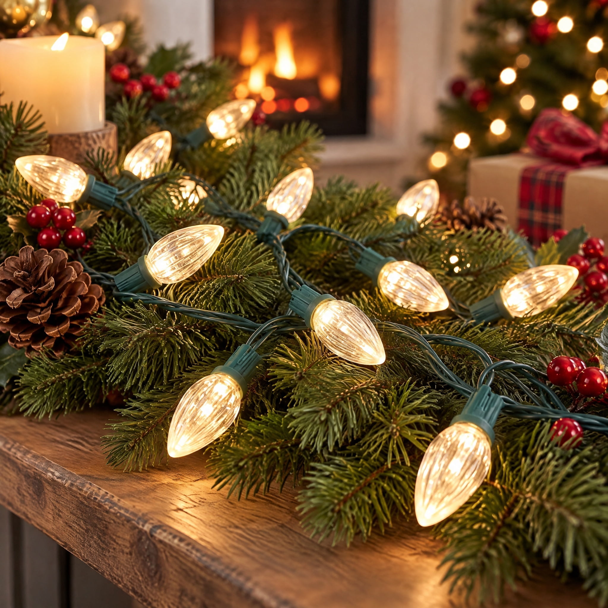 Indoor 20-Count Battery-Operated LED Vertical-Cut C3 Christmas String Lights, Warm White, Green Wire, 6.33', by Holiday Time