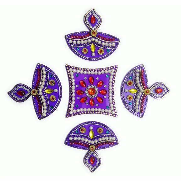 FineArt Handcrafted Decorative Diwali Rangoli Set Multicolor Jewel Stone/Kundan Decorations on Pink Acrylic Base 5 Piece Set - for Home Dcor
