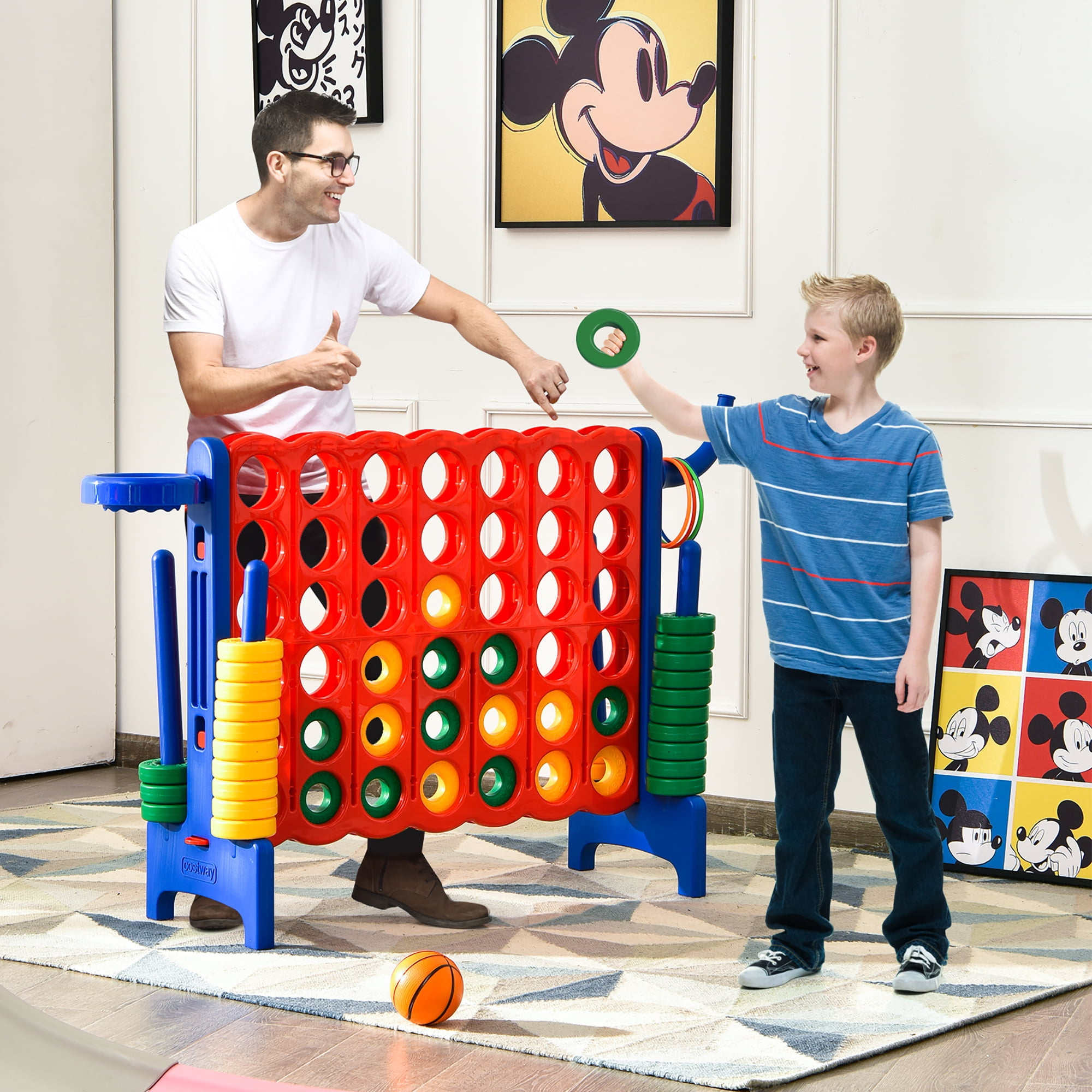 Costway 4-in-A Row Giant Game Set w/Basketball Hoop for Family Blue