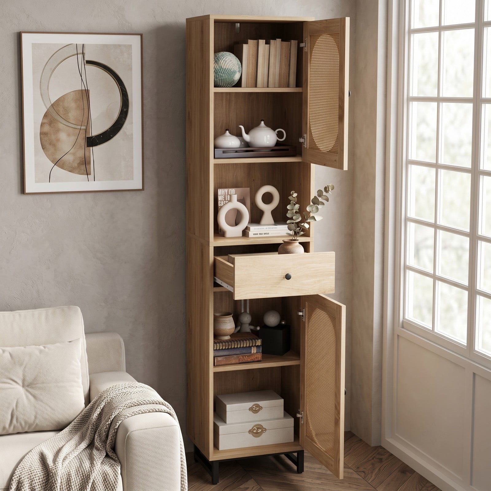 ALPULON 67 Inch Tall Bathroom Cabinet, PE Rattan Freestanding Floor Storage Cabinet with 2 Doors, 1 Drawer and Adjustable Shelves for Bathroom Living Room, Natural