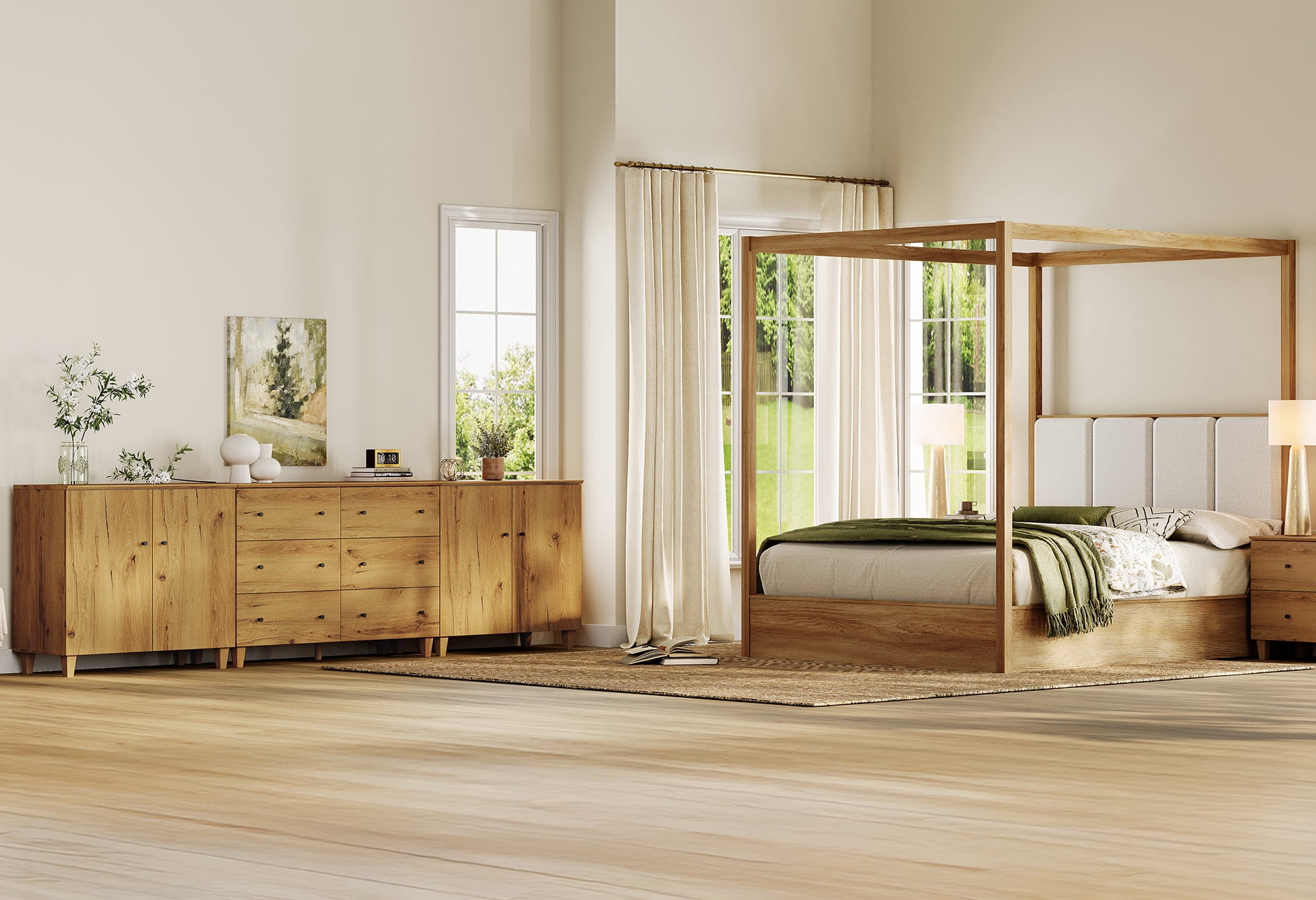 WAMPAT Modern Bedroom Furniture Set, Wooden Queen Size Canopy Bed Frame, 3-in-1 Spacious Dresser with 2 Storage Cabinets and 6 Drawers, Oak Brown