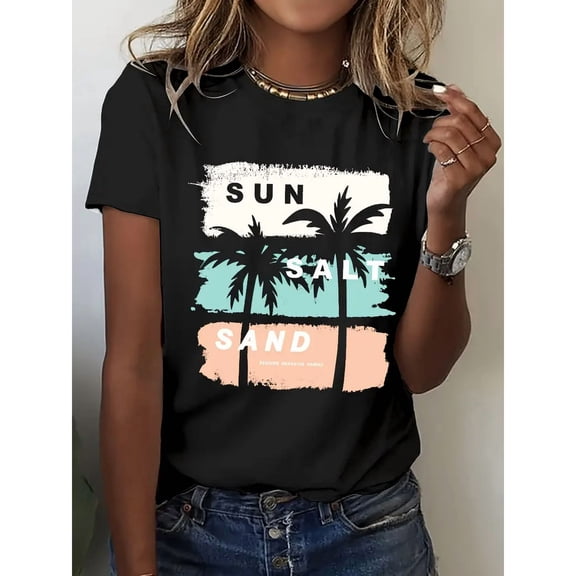 Women's Casual Long Sleeve Crew Neck T-Shirt - Tropical Beach Graphic Print with Palm Trees & SUN SALT SAND Design