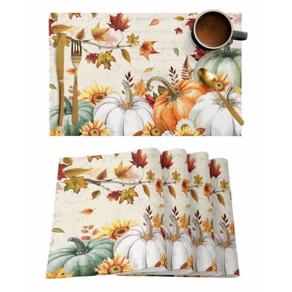 Placemats Set of 8, Thanksgiving Fall Woven Placemat, Linen Place Mats for Kitchen/Dining Tables, Maple Leaf Pumpkins Green Orange Washable Table Mats for Party