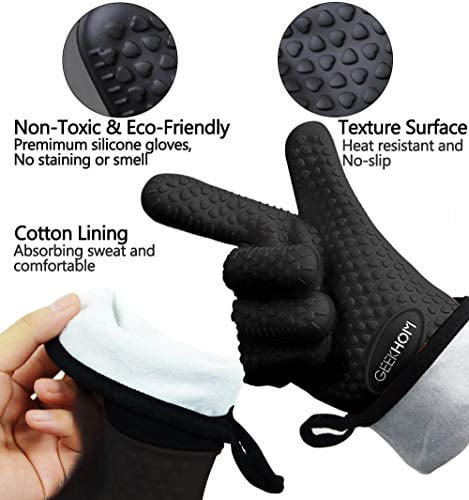 Pizza Cooking Baking Blue Heat Resistant Gloves BBQ Kitchen Silicone Dutch Oven Mitts Long Waterproof Non-Slip Potholder for Barbecue GEEKHOM Grilling Gloves