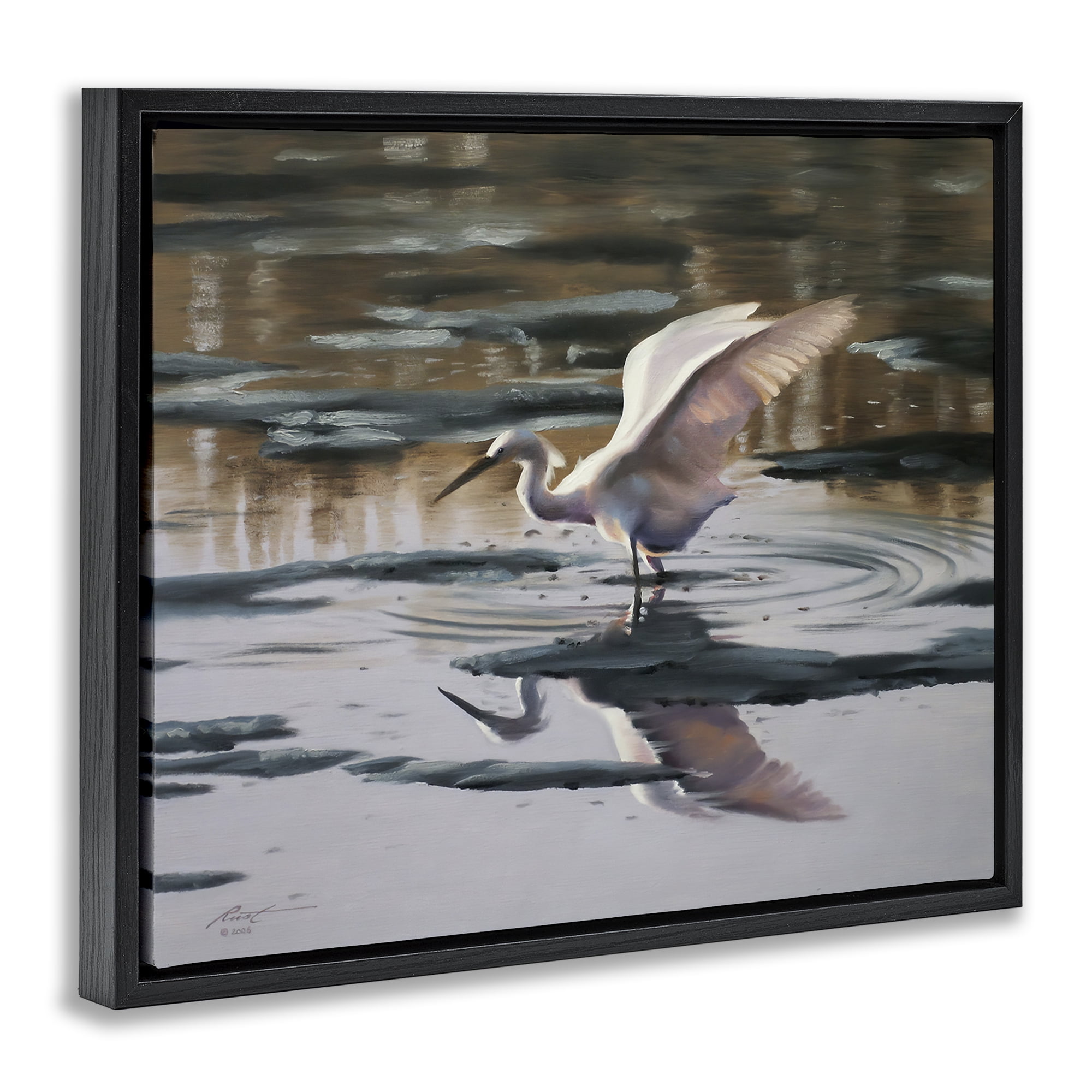 Stupell Industries Swan Landing in Water Animals & Insects Painting Black Floater Framed Canvas Art Print Wall Art, 31 x 25
