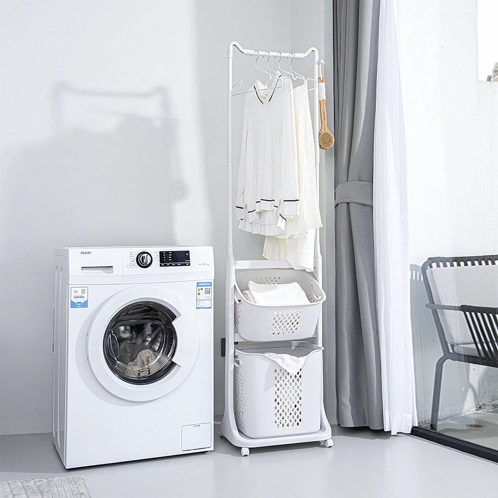 2-Tier Laundry Hamper Sorter with Hanging Bar, Rolling Laundry Baskets with Wheels Removable, Stackable Laundry Cart Organizer and Storage for Small Space, Dorm, Closet, Bathroom