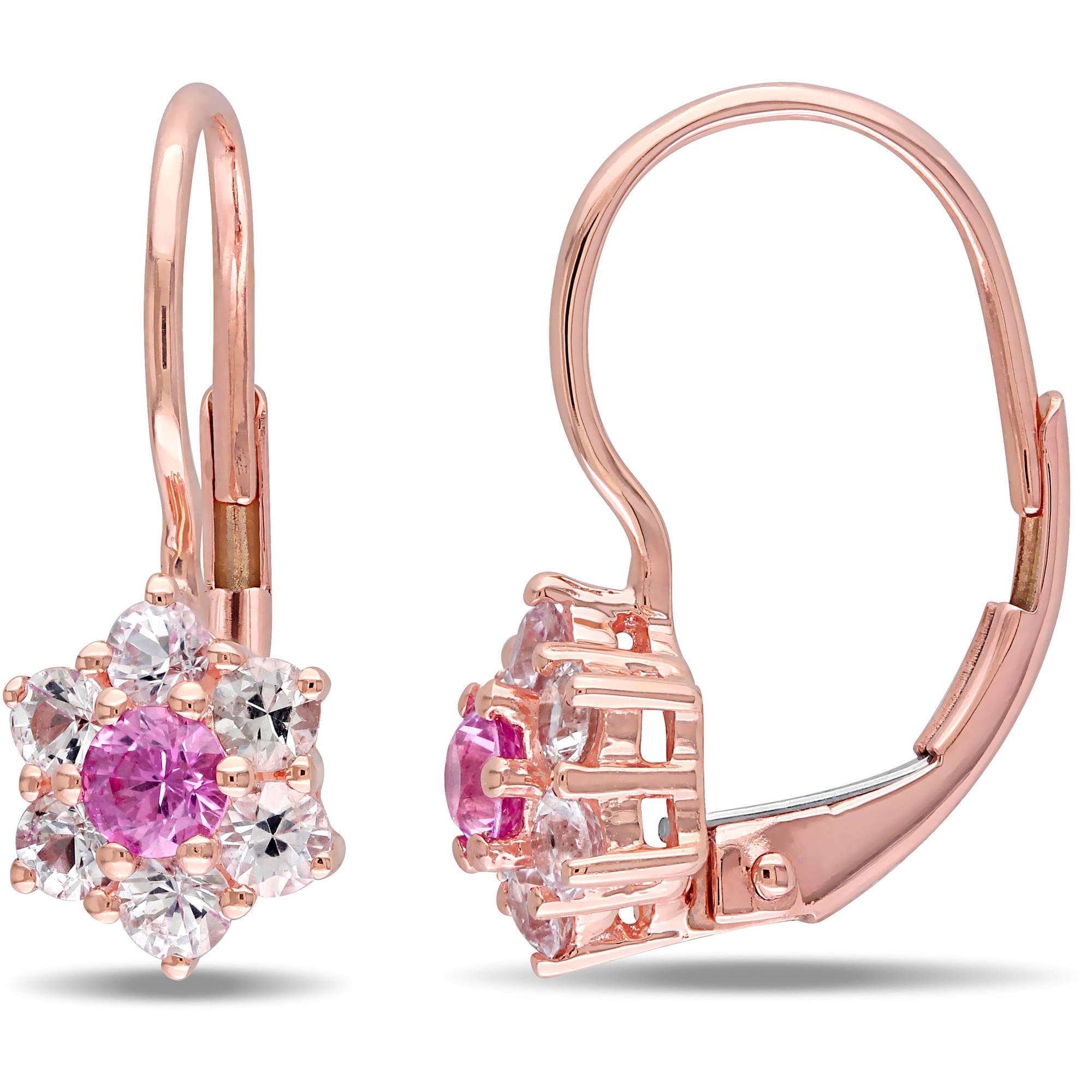 Tangelo 1 Carat T.G.W. Pink and White Sapphire 10kt Rose Gold Flower Halo Leverback Earrings by Tangelo