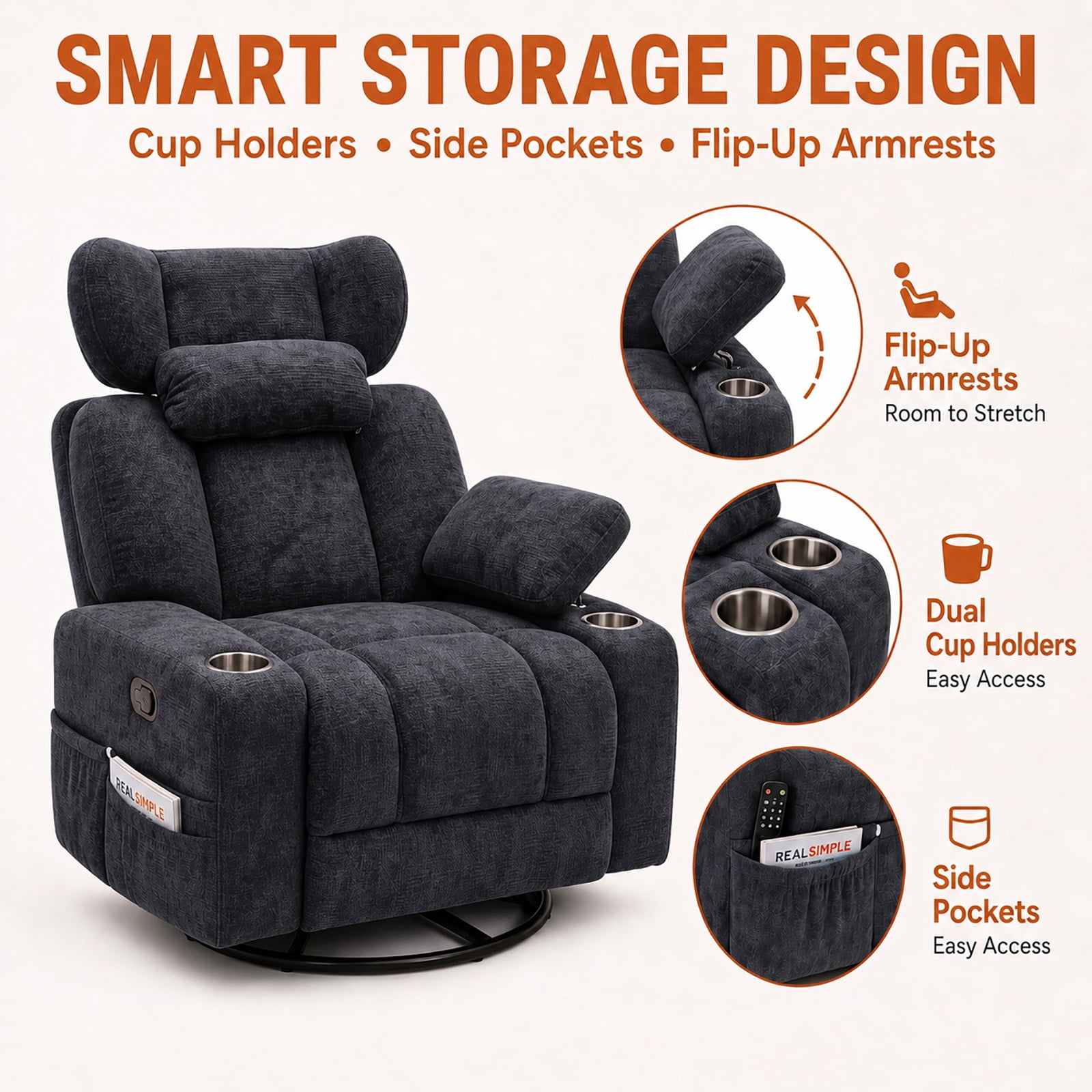Leumius 360° Swivel Recliner Chair, Single Recliner with Adjustable Detachable Neck Pillow Ergonomic and Cup Holders, 300lbs Capacity Versatile Lounge Chair for Living Room Bedroom Home Theater
